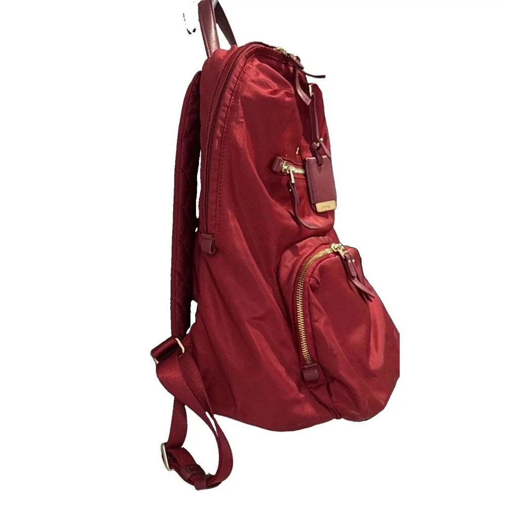 TUMI Voyageur Halle Backpack Burgundy Red Nylon Travel Laptop Bag Gold Hardware